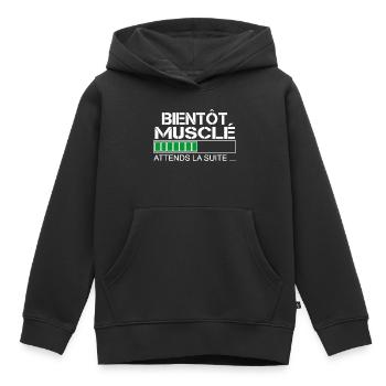 Bientot musclé (blanc et vert) - Sweat Premium à capuche enfant bio - noir - Devant - AI Model Kid Male (0cm)