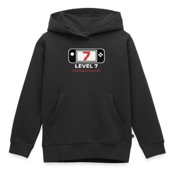 Chemise déverrouillée NIVEAU 7 – Anniversaire de jeu - Sweat Premium à capuche enfant bio - noir - Devant - AI Model Kid Male (0cm)