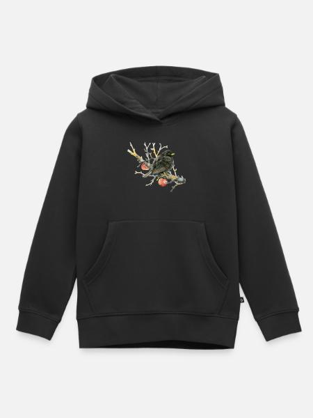 Merle peint avec amour sur une branche de pomme - Sweat Premium à capuche enfant bio - noir