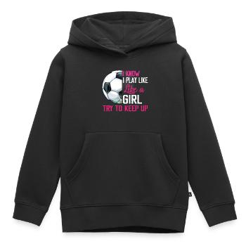 Ich weiß, dass ich wie ein Mädchen spiele, versuche, mit dem Fußball Schritt zu halten - Kinder Premium Organic Hoodie - Schwarz - Vorne - AI Model Kid Male (0cm)