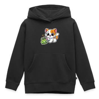 Niedliche rotweiße Katze traf auf einen Frosch - Kinder Premium Organic Hoodie - Schwarz - Vorne - AI Model Kid Male (0cm)