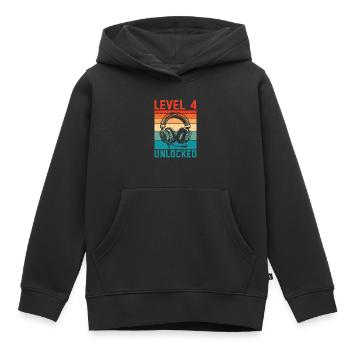 Enfant 4 ans Niveau 4 Débloqué, 4ème anniversaire - Sweat Premium à capuche enfant bio - noir - Devant - AI Model Kid Male (0cm)