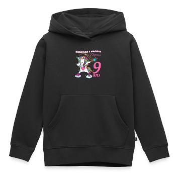 Anniversaire 9 ans Licorne Petite Fille - Sweat Premium à capuche enfant bio - noir - Devant - AI Model Kid Male (0cm)