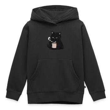 Chat noir grincheurs avec café muffins du matin - Sweat Premium à capuche enfant bio - noir - Devant - AI Model Kid Male (0cm)