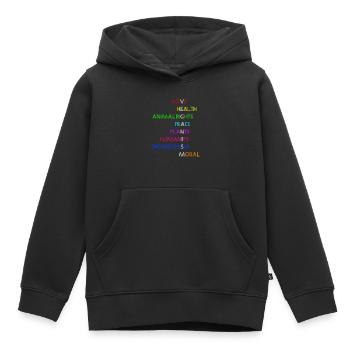 Vegan | Chemise véganisme - Sweat Premium à capuche enfant bio - noir - Devant - AI Model Kid Male (0cm)