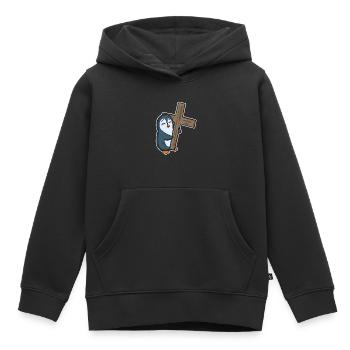 Pingouin et religion croisée - Sweat Premium à capuche enfant bio - noir - Devant - AI Model Kid Male (0cm)