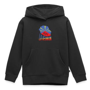 idee cadeau drapeau carte ile de la reunion 974 - Sweat Premium à capuche enfant bio - noir - Devant - AI Model Kid Male (0cm)