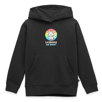 Lesbians Eat What Cat Funny Humor Pun LGBTQ Pride - Kids Premium Organic Hoodie - black - Front - AI Model Kid Male (0cm)