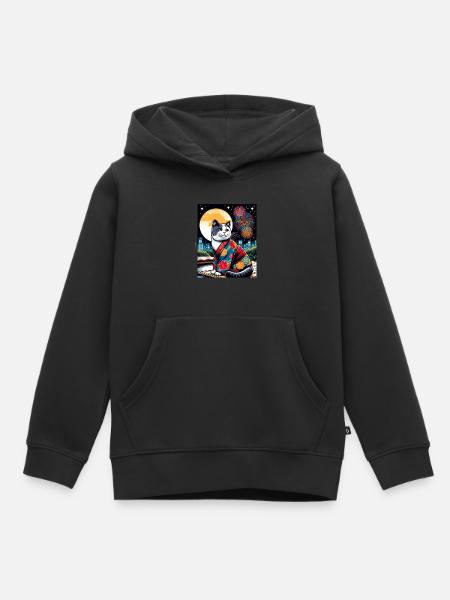Moon Fireworks Floral Japanese Kitten Retro - Kids Premium Organic Hoodie - black