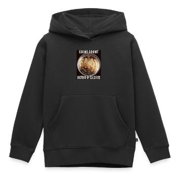 COINS COUNT INSTEAD OF CALORIES - Kids Premium Organic Hoodie - black - Front - AI Model Kid Male (0cm)
