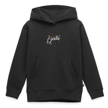 GRETA - Nom de fille avec des papillons colorés - Sweat Premium à capuche enfant bio - noir - Devant - AI Model Kid Male (0cm)