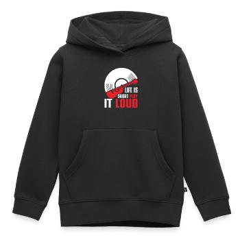 La vie est courte, jouez-la fort / guitare vinyle basse - Sweat Premium à capuche enfant bio - noir - Devant - AI Model Kid Male (0cm)