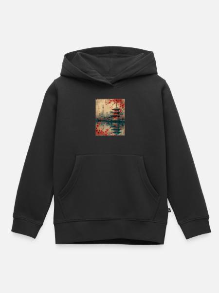 Harmonie orientale : Vintage Tokyo Skyline avec cerisier - Sweat Premium à capuche enfant bio - noir