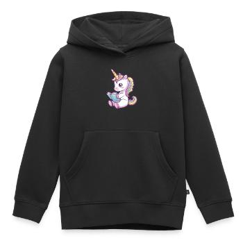 Niedliches Einhorn Cartoon liest ein Buch - Kinder Premium Organic Hoodie - Schwarz - Vorne - AI Model Kid Male (0cm)