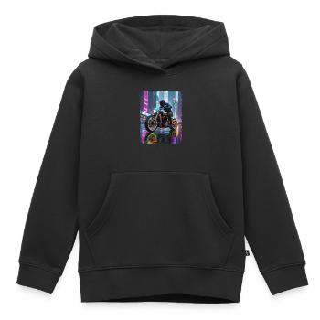 Moto cyberpunk en ville - Sweat Premium à capuche enfant bio - noir - Devant - AI Model Kid Male (0cm)