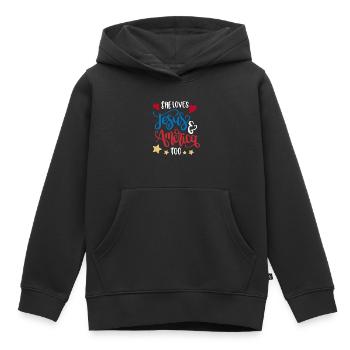 Elle aime aussi Jésus et l’Amérique - Sweat Premium à capuche enfant bio - noir - Devant - AI Model Kid Male (0cm)