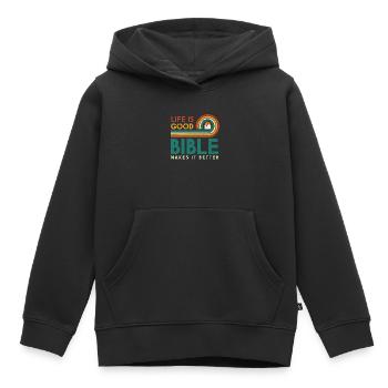 La vie est bonne, la Bible la rend meilleure - Sweat Premium à capuche enfant bio - noir - Devant - AI Model Kid Male (0cm)