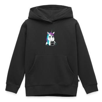 schlecht gelauntes Einhorn mit Kaffeebecher - Kinder Premium Organic Hoodie - Schwarz - Vorne - AI Model Kid Male (0cm)