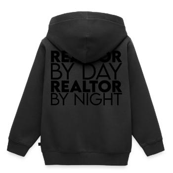 Agent immobilier le jour Agent immobilier la nuit - Sweat Premium à capuche enfant bio - noir - Dos - AI Model Kid Male (0cm)