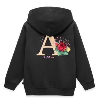 Lettre initiale lettre A initiales roses - Sweat Premium à capuche enfant bio - noir - Dos - AI Model Kid Male (0cm)