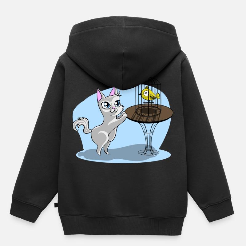 Chat avec oiseau - Sweat Premium à capuche enfant bio - noir
