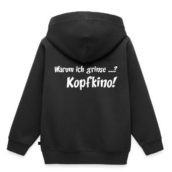Warum ich grinse? Kopfkino! weiss - Kinder Premium Organic Hoodie - Schwarz - Hinten - AI Model Kid Male (0cm)