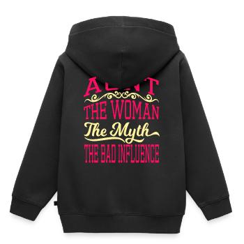 "Tante La Femme La Nythie La Mauvaise Influence" - Sweat Premium à capuche enfant bio - noir - Dos - AI Model Kid Male (0cm)