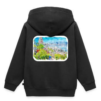 Québec Canada Aquarelle Dessin Dessin Illustration - Sweat Premium à capuche enfant bio - noir - Dos - AI Model Kid Male (0cm)