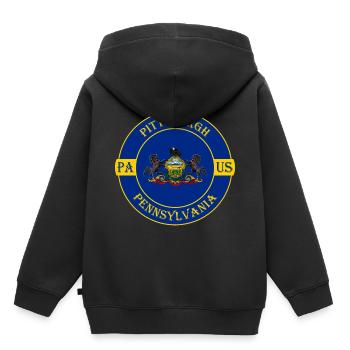 Pittsburgh Pennsylvanie drapeau USA Souvenir insigne - Sweat Premium à capuche enfant bio - noir - Dos - AI Model Kid Male (0cm)