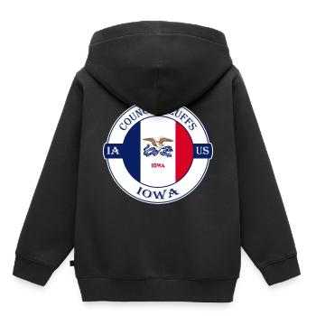Council Bluffs Iowa Flag USA Travel Souvenir Badge - Kids Premium Organic Hoodie - black - Back - AI Model Kid Male (0cm)