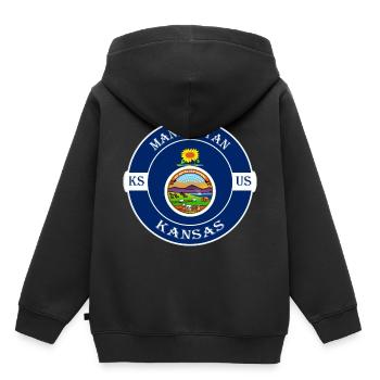 Manhattan Kansas Flag USA Travel Souvenir Badge - Sweat Premium à capuche enfant bio - noir - Dos - AI Model Kid Male (0cm)