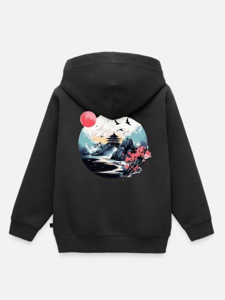 Japanese Mountain, Water & Pagoda Scene - Kids Premium Organic Hoodie - black