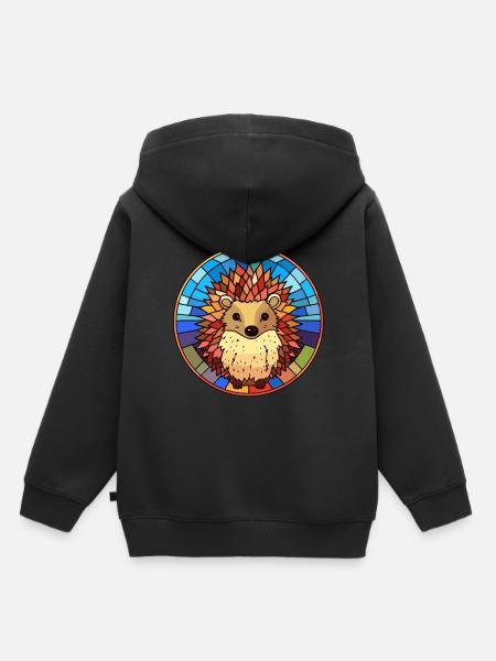 Hérisson vitrail coloré dessin animé Kawaii Ani - Sweat Premium à capuche enfant bio - noir