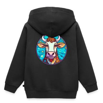 Vache vitrail coloré dessin animé Kawaii Animal - Sweat Premium à capuche enfant bio - noir - Dos - AI Model Kid Male (0cm)