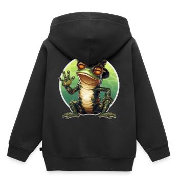 happy cooler Frosch mit Brille und Hut beim winken - Kinder Premium Organic Hoodie - Schwarz - Hinten - AI Model Kid Male (0cm)