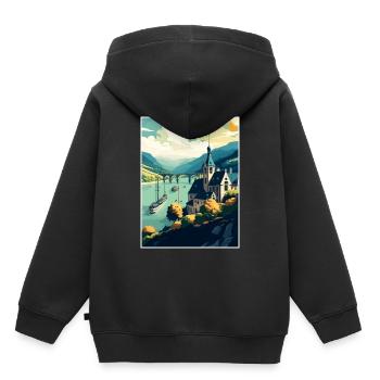 Vallée du Rhin Allemagne Affiche de voyage Vintage - Sweat Premium à capuche enfant bio - noir - Dos - AI Model Kid Male (0cm)
