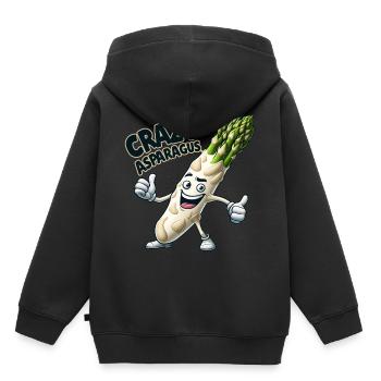 Crazy Veggies: Asparagus Bodybuilder Pro Thumbs Up - Kinder Premium Organic Hoodie - Schwarz - Hinten - AI Model Kid Male (0cm)