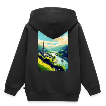 Vallée du Rhin Allemagne Affiche de voyage vintage - Sweat Premium à capuche enfant bio - noir - Dos - AI Model Kid Male (0cm)