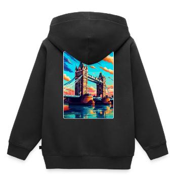 Tower Bridge Angleterre Royaume-Uni Affiche de voyage vintage WPA - Sweat Premium à capuche enfant bio - noir - Dos - AI Model Kid Male (0cm)