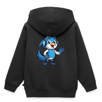 Blue Jay drôle dessin animé personnage casque musique - Sweat Premium à capuche enfant bio - noir - Dos - AI Model Kid Male (0cm)