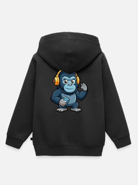 Gorille Funny Cartoon Character Musique de casque - Sweat Premium à capuche enfant bio - noir