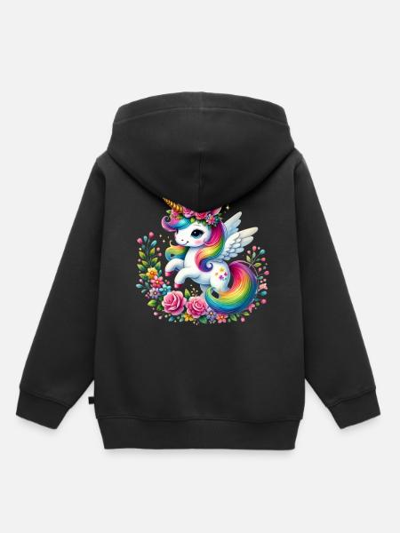 Regenbogen Fleur Einhorn - Kinder Premium Organic Hoodie - Schwarz
