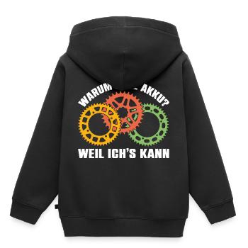 Radfahrerspruch Warum Ich ohne Akku fahre - Kinder Premium Organic Hoodie - Schwarz - Hinten - AI Model Kid Male (0cm)
