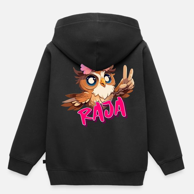 RAJA - Beau nom de fille avec hibou mignon - Sweat Premium à capuche enfant bio - noir