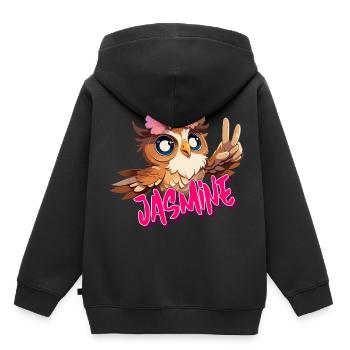 JASMINE - Beau nom de fille avec un joli hibou - Sweat Premium à capuche enfant bio - noir - Dos - AI Model Kid Male (0cm)