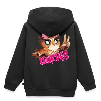 LOURDES - Beau prénom de fille avec hibou mignon - Sweat Premium à capuche enfant bio - noir - Dos - AI Model Kid Male (0cm)