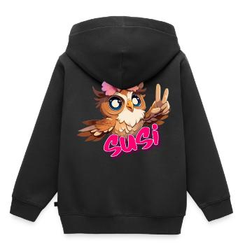 SUSI - Beau nom de fille avec hibou mignon - Sweat Premium à capuche enfant bio - noir - Dos - AI Model Kid Male (0cm)
