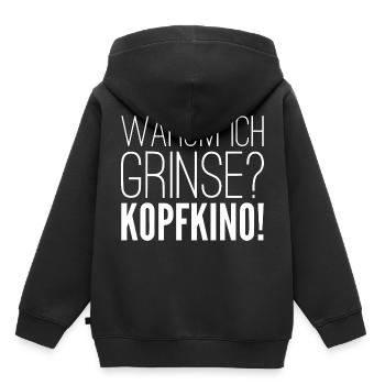 Warum ich grinse? KOPFKINO! - Kinder Premium Organic Hoodie - Schwarz - Hinten - AI Model Kid Male (0cm)