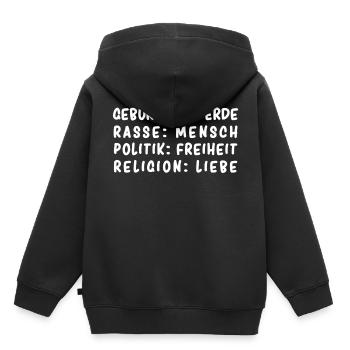 Geburtsort: Erde, Rasse: Mensch, Politik: Freiheit - Kinder Premium Organic Hoodie - Schwarz - Hinten - AI Model Kid Male (0cm)