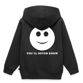 SMILE GRUSELIG BÖSE LUSTIG WITZIG HUMOR IRONIE (W) - Kinder Premium Organic Hoodie - Schwarz - Hinten - AI Model Kid Male (0cm)